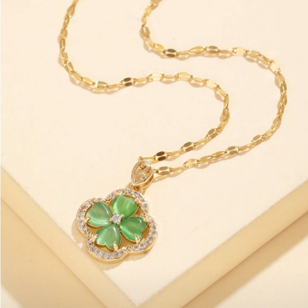 Gold Stainless Steel and Green 4 Leaf Clover Pendant Necklace